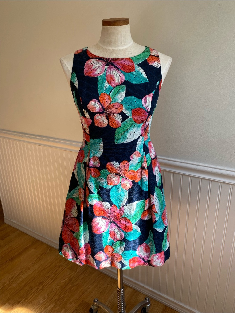 Tommy Hilfiger Navy Floral Fit & Flare Dress with Coral and Teal Blooms